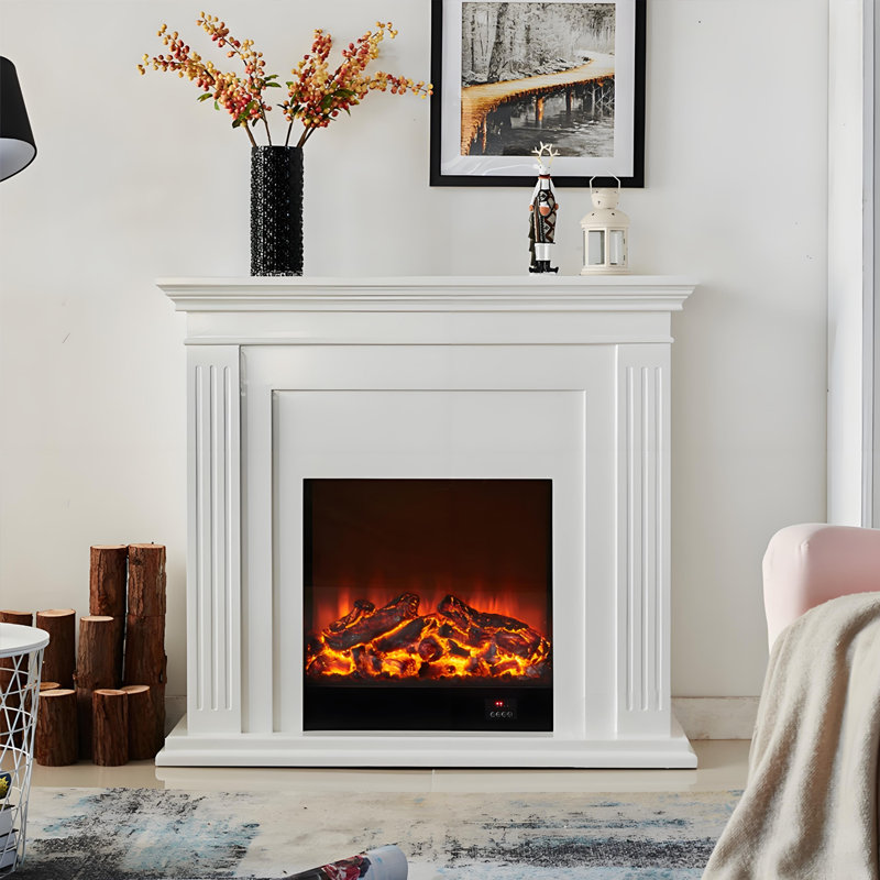 38.98"Modern Minimalist White Simulated Flame Electric Fireplace, 38.58" H x 38.98" W x 12.4" D