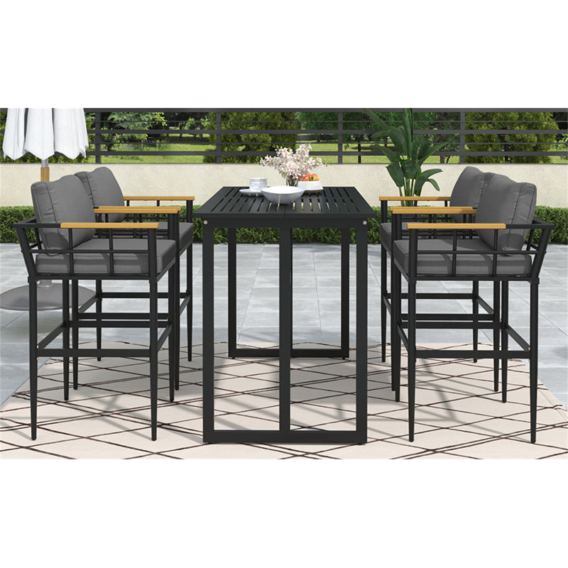 Ensemble repas en fer avec accoudoirs en bois d'acacia adapté au patio, Gris