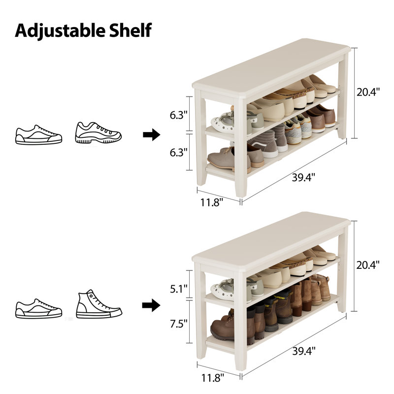 Addisin Aevah Solid Wood 2-Tier Shoe Bench, 39.37″ W, White