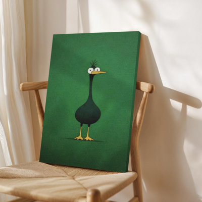 Art mural encadré, oiseau curieux avec un long cou et un bec jaune, style Illustration de dessin animé. Décoration murale, grande œuvre d'art pour le salon, prête à être suspendue, 24 po x 36 po