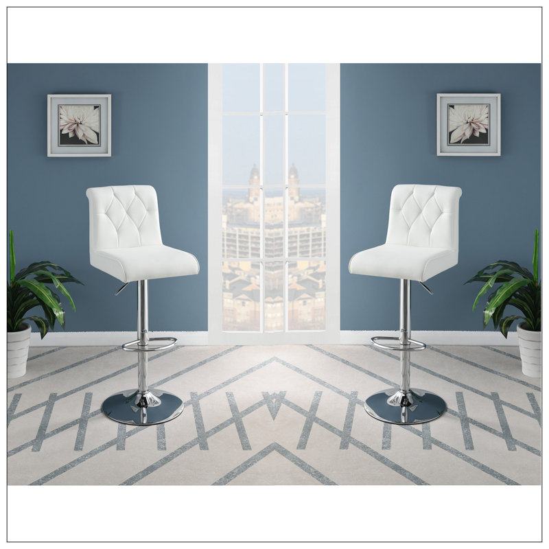 Tabouret de bar réglable en cuir synthétique capitonné à dossier chromé et ensemble de 2 chaises, Blanc