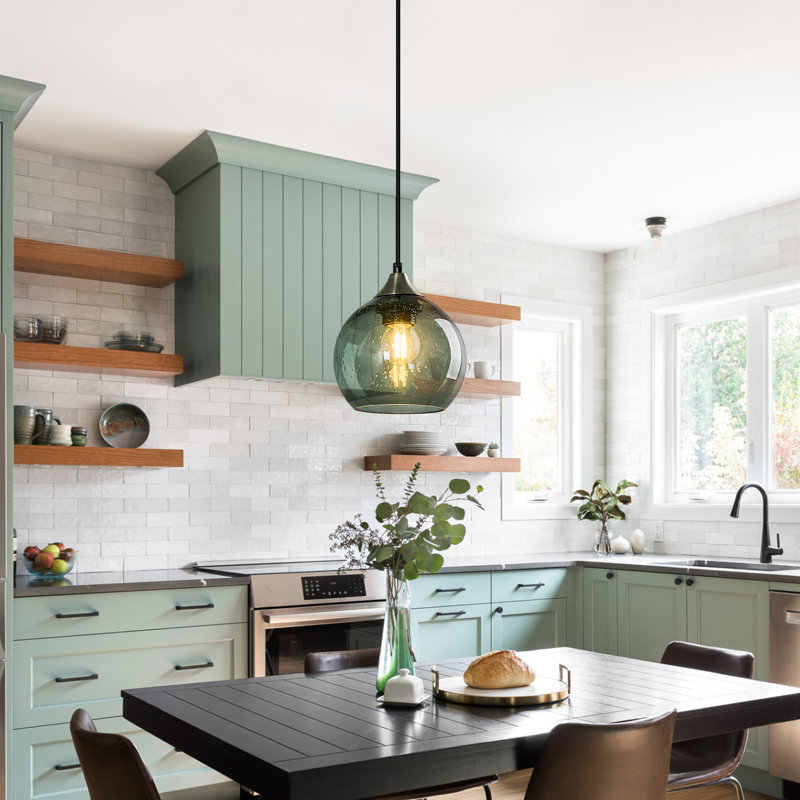 Luminaire suspendu moderne à 1 lumière pour îlot de cuisine Aarunya, H 4,92 po x l 5,9 po x P 5,9 po, Gris / vert