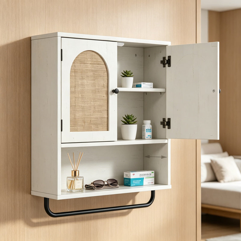 Armoire de salle de bain en rotin avec portes arquées, armoire à pharmacie à 3 niveaux avec tablettes réglables et barre à serviettes, rangement au-dessus de la toilette, blanc rustique mural