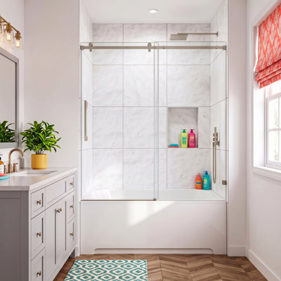Porte de douche coulissante sans cadre de 44 à 49 po L x 66 po H, en pellicule incassable avec verre trempé de 3/8 po (10 mm) et roulettes silencieuses