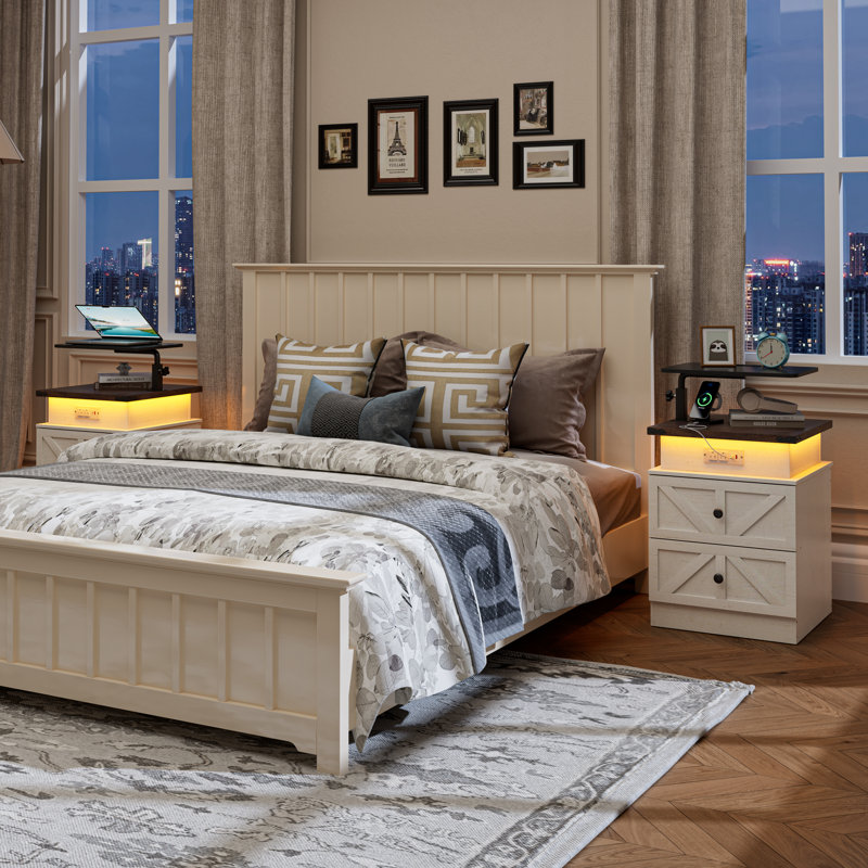 White Farmhouse Night Stands with Charging Station and LED Light