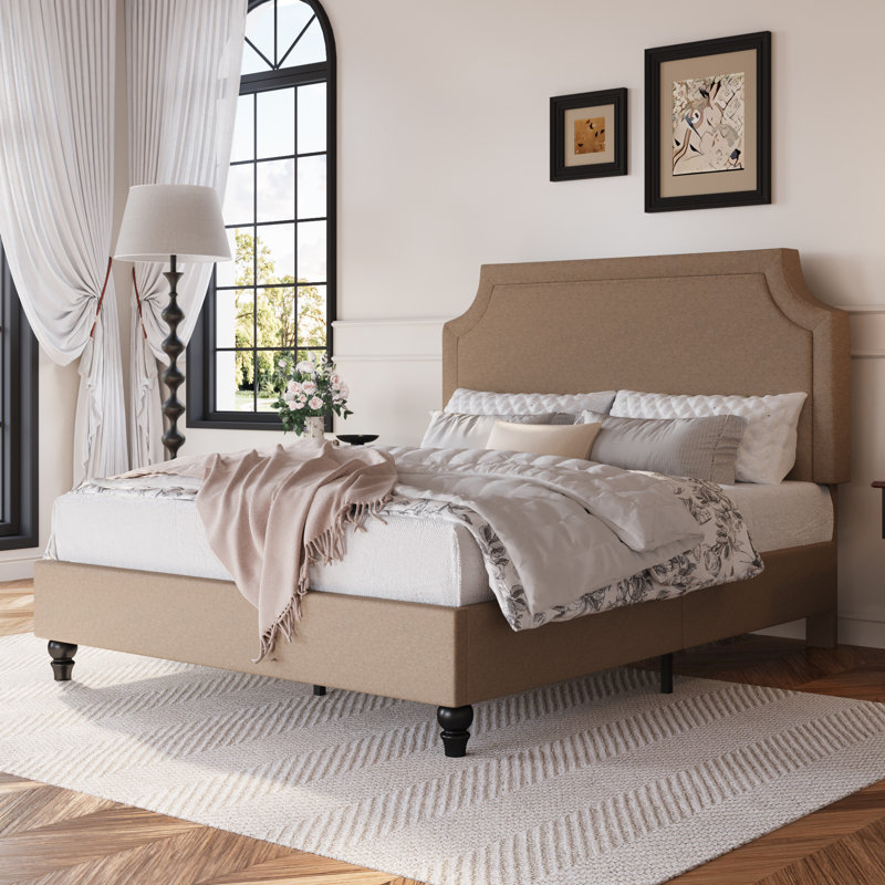 Lit tapissier en chenille moderne avec tête de lit réglable et pieds en bois massif, Grand lit, Beige