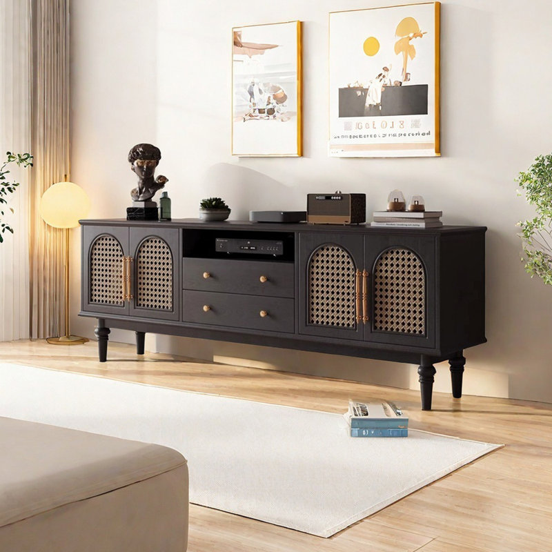 Meuble télé rétro en osier, Noir, H 22,83 po x L 70,86 po x l 15,74 po