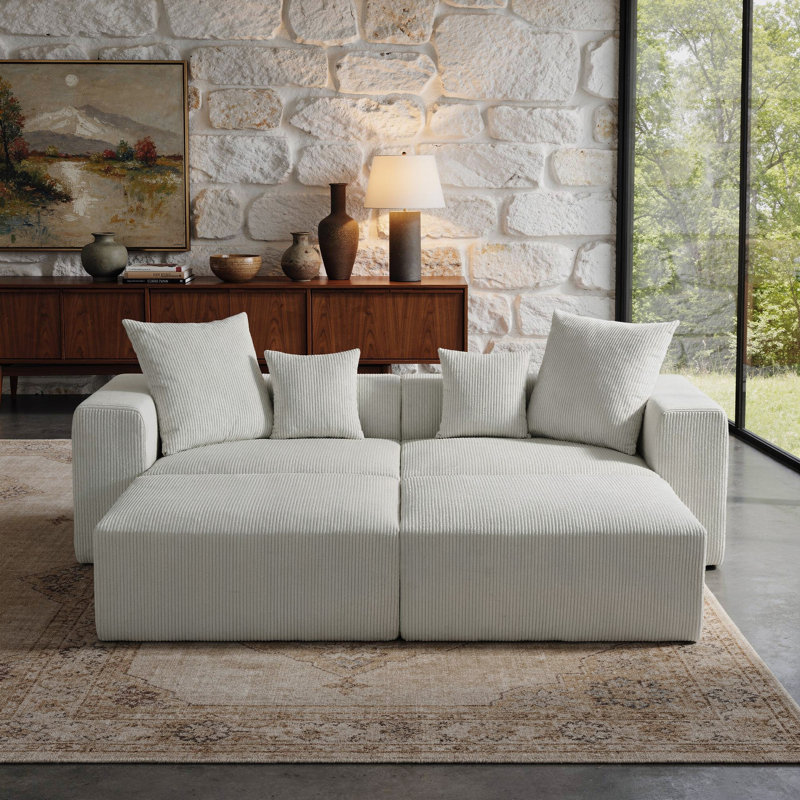 4-Piece Upholstered Light Gray Corduroy Modular Sectional Sofa with Movable Ottoman – Fully Compressed, No Assembly Required