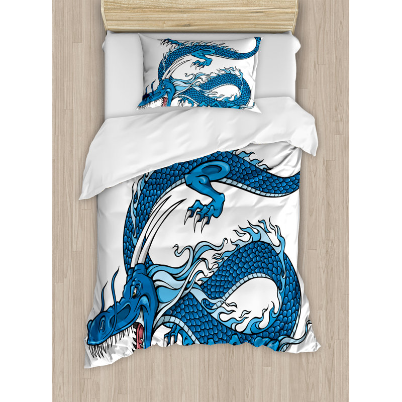 Twin Blue Dragon Print Microfiber Duvet Cover Set