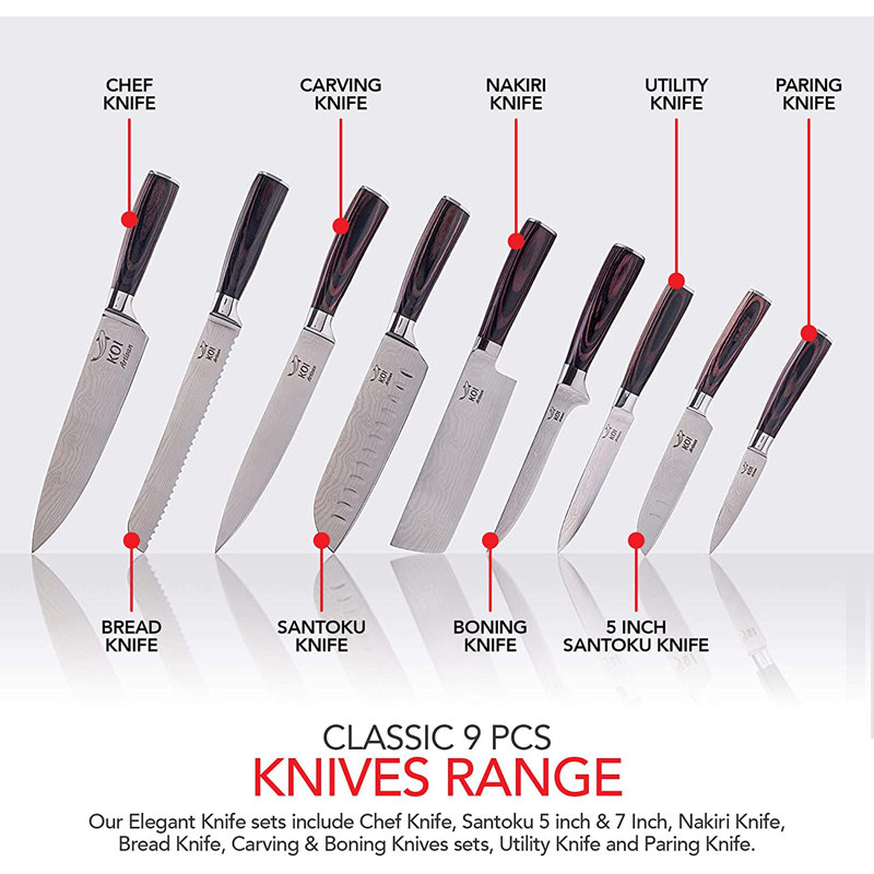 KOI Artisan 9 Piece High Carbon Stainless Steel Assorted Knife Set