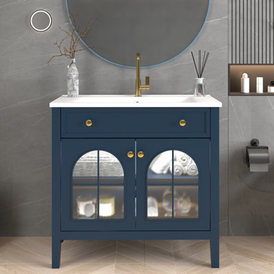 Meuble-lavabo autoportant de 36 po avec lavabo en céramique et capteur de mouvement