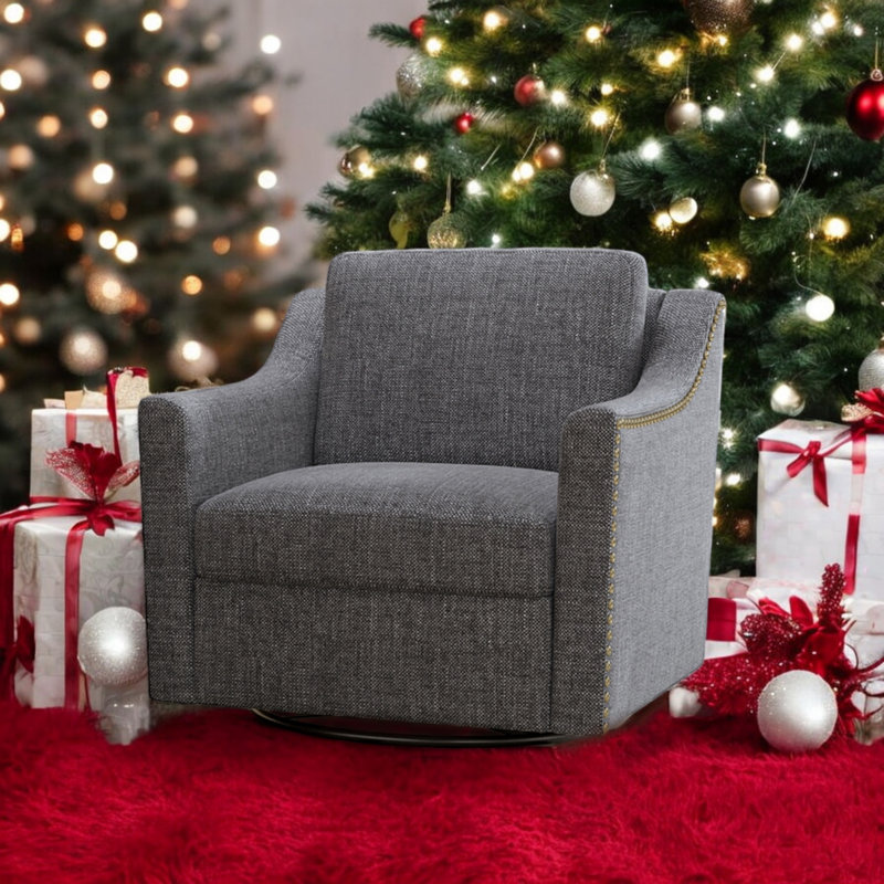 Upholstery Accent Swivel Armchair With Nailhead Trim, Dark Gray Polyester