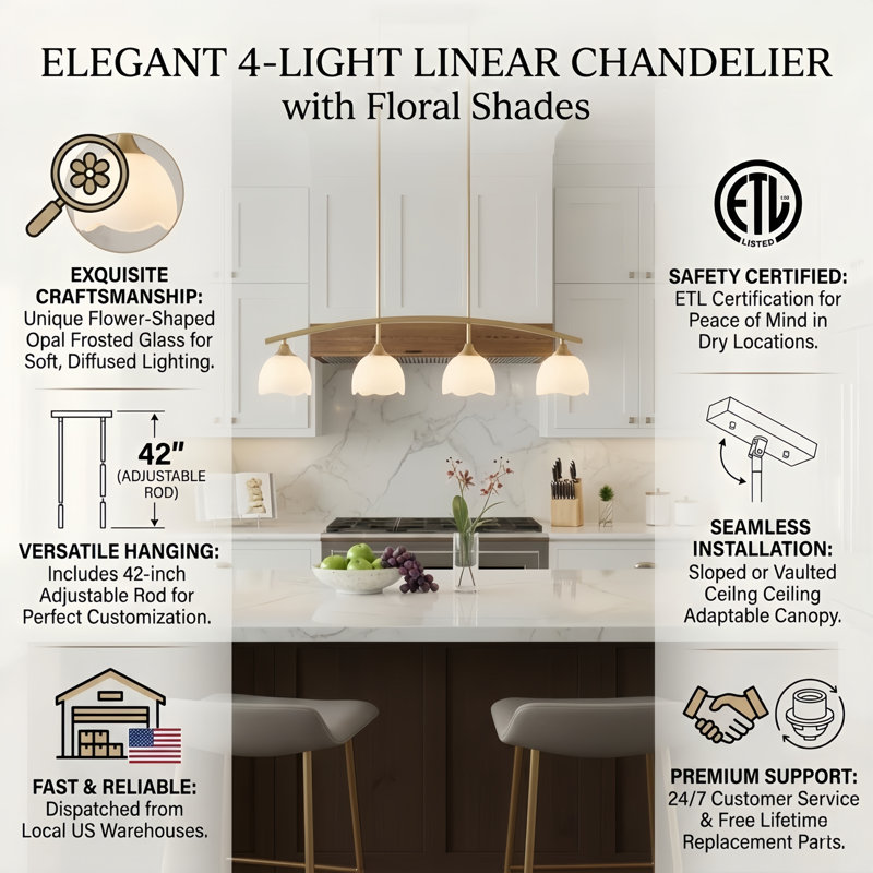 4-light 36"w Polished Brass Modern Linear Pendant Chandelier With Flower Frosted Glass Shades For Dining Room Or Kitchen Island