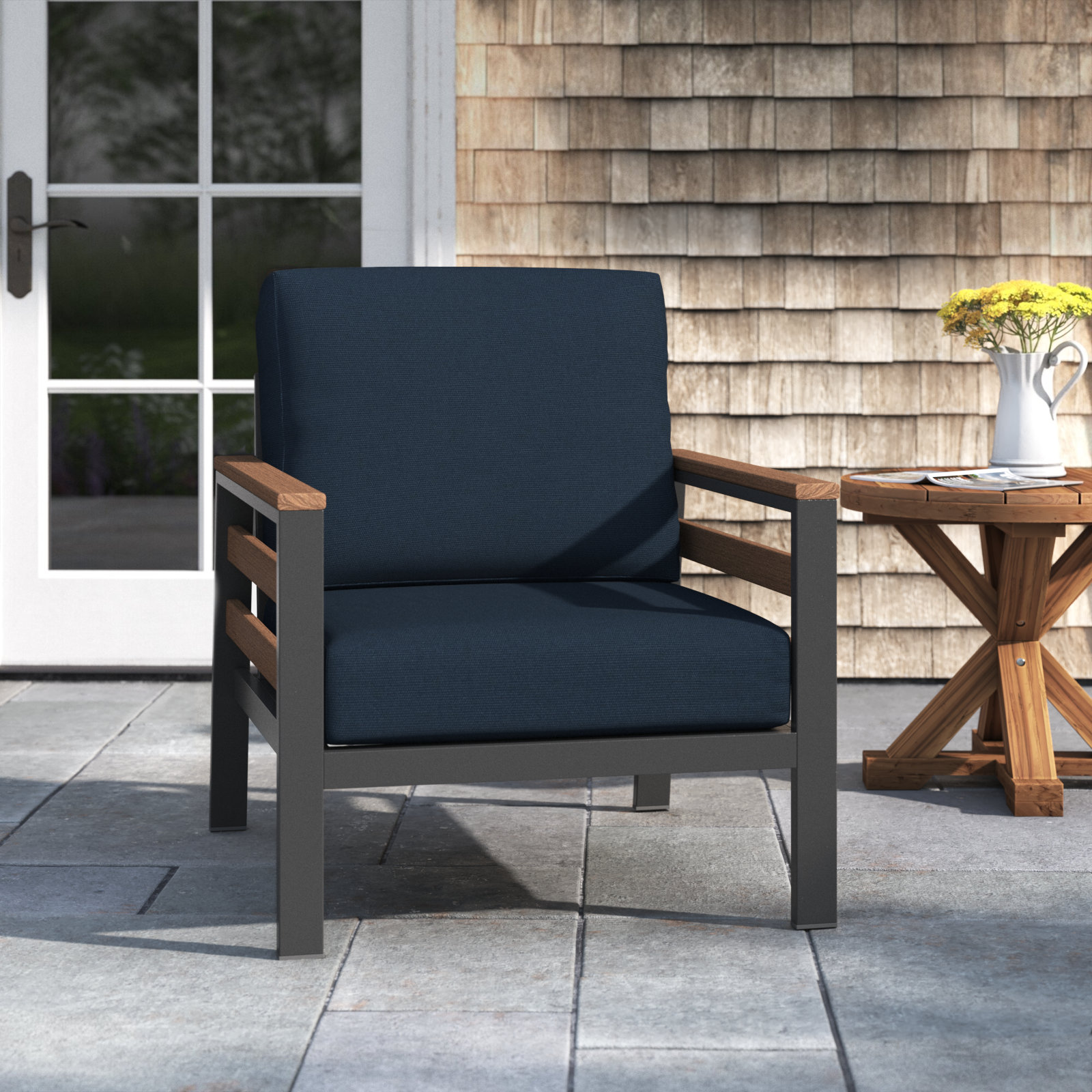 Townsend Sunbrella® Patio Lounge Chair, Canvas Navy Sunbrella® Canvas, Brown/Dark Gray