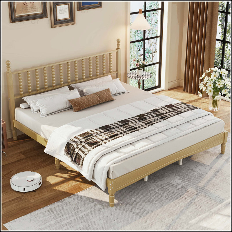 Très grand lit plateforme très grand avec tête de lit en forme de gourde et lattes en bois, Très grand lit, Naturel