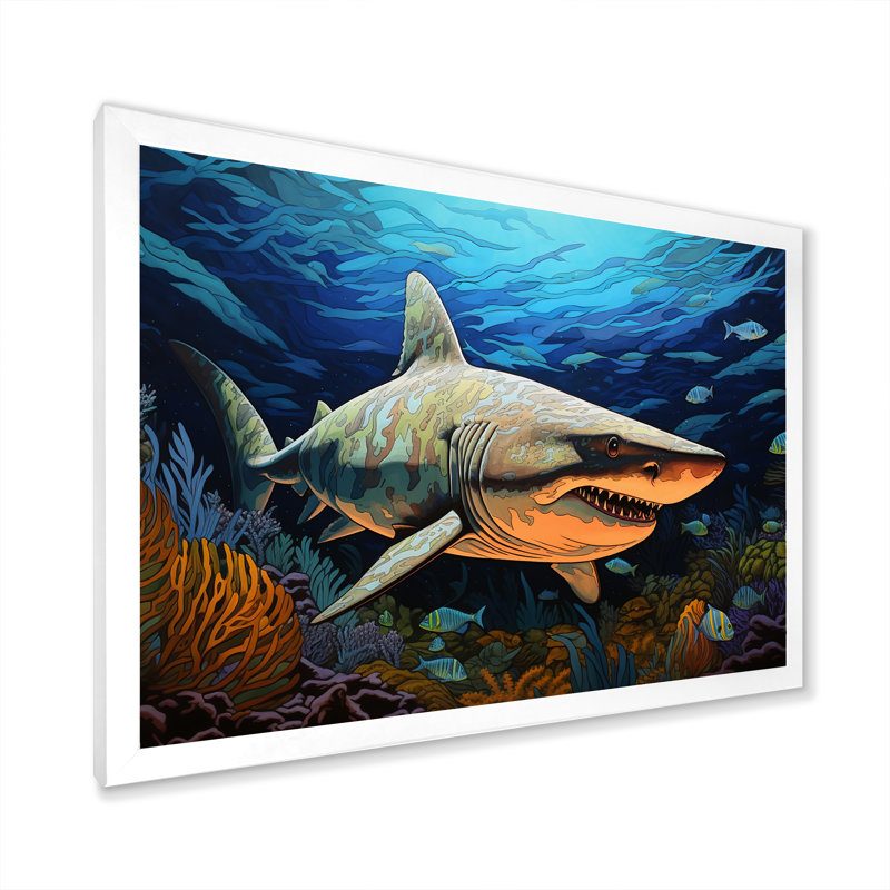 " Bull Shark Depths Photography I ", White Single Picture Framed, 30" H x 40" W x 1.5" D