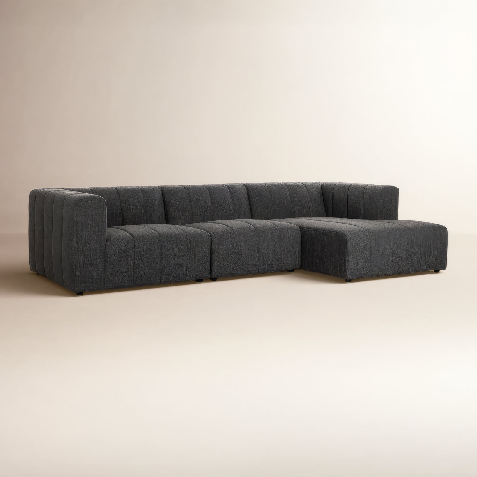 Bowry Modular Upholstered Chaise L-Sectional, Right Hand Facing, Black, Saxon Charcoal Polyester Blend