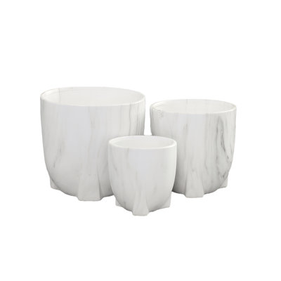 Ceramic Round Pot Marble Finish White-7.50"H