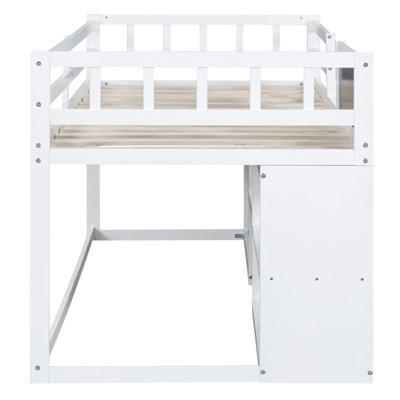 Lit mezzanine simple bas blanc avec bureau roulant et beaucoup de rangement - Bureau de construction solide en bois massif stable, tablette et tiroirs blanc, design compact