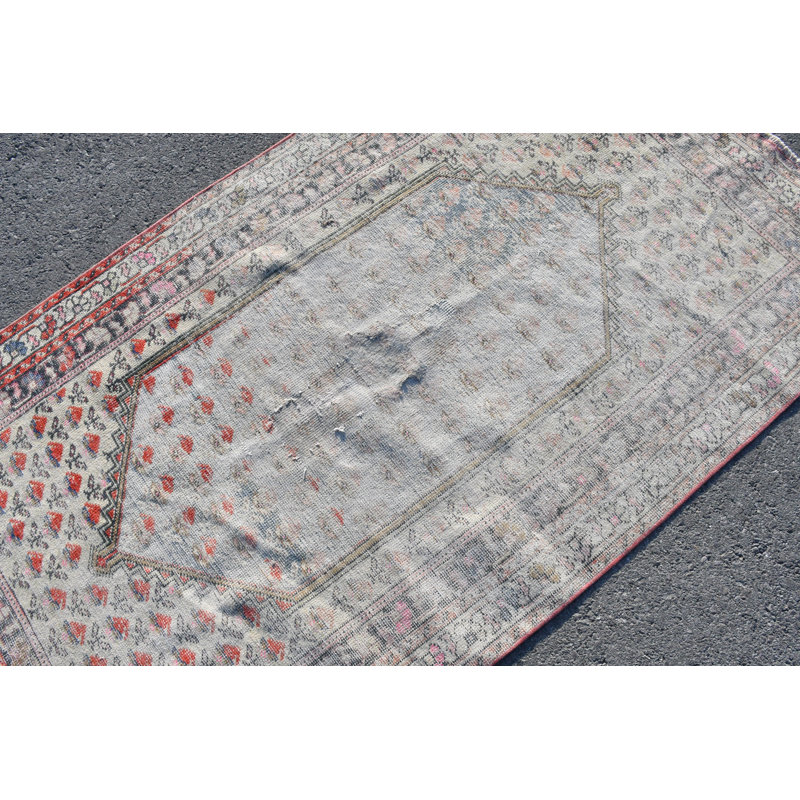 Tapis rétro vintage Oushak aux tons doux: tapis décoratif turc antique rouge / arc-en-ciel