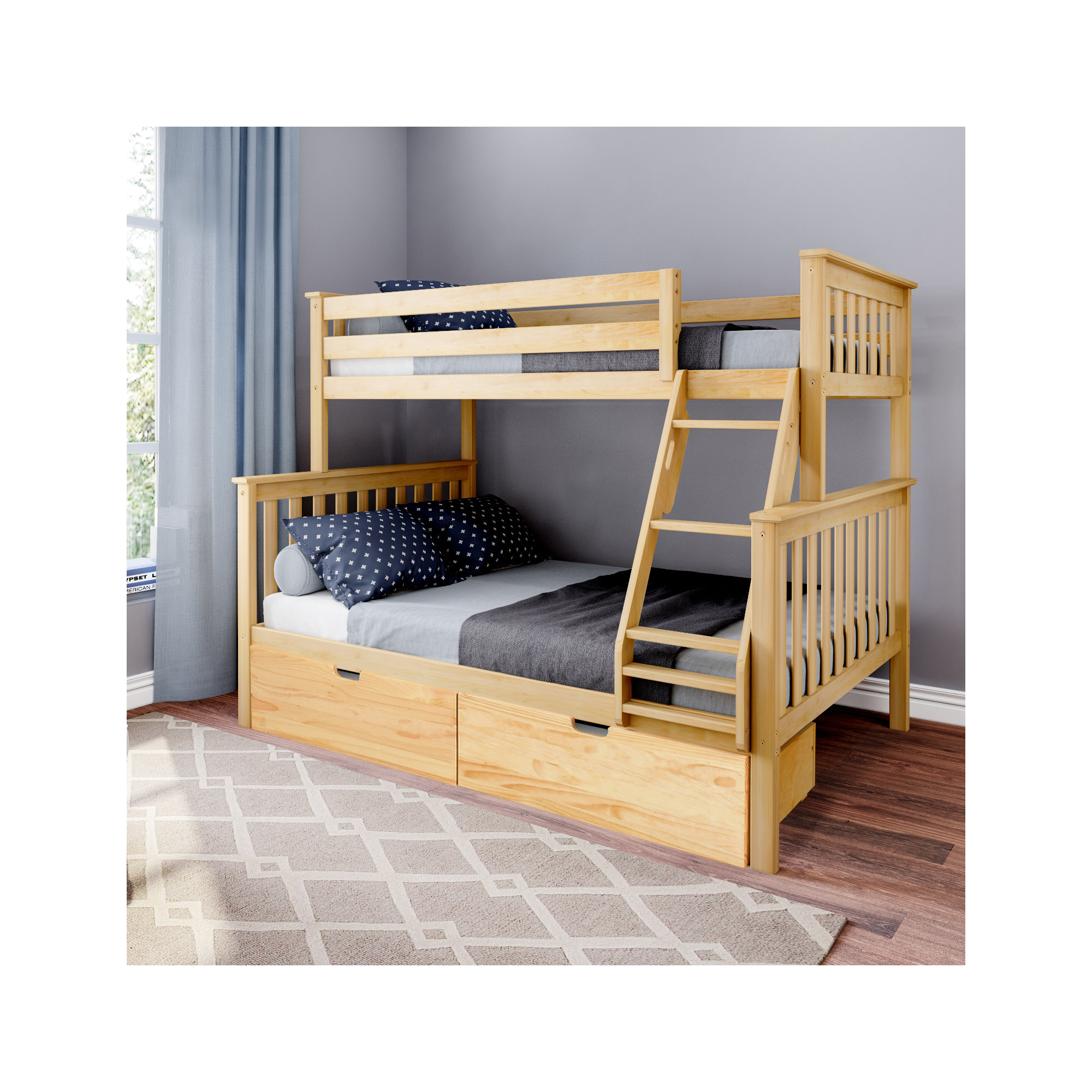 Bolles Kids Bunk Bed with Drawers, Natural, Twin over Full