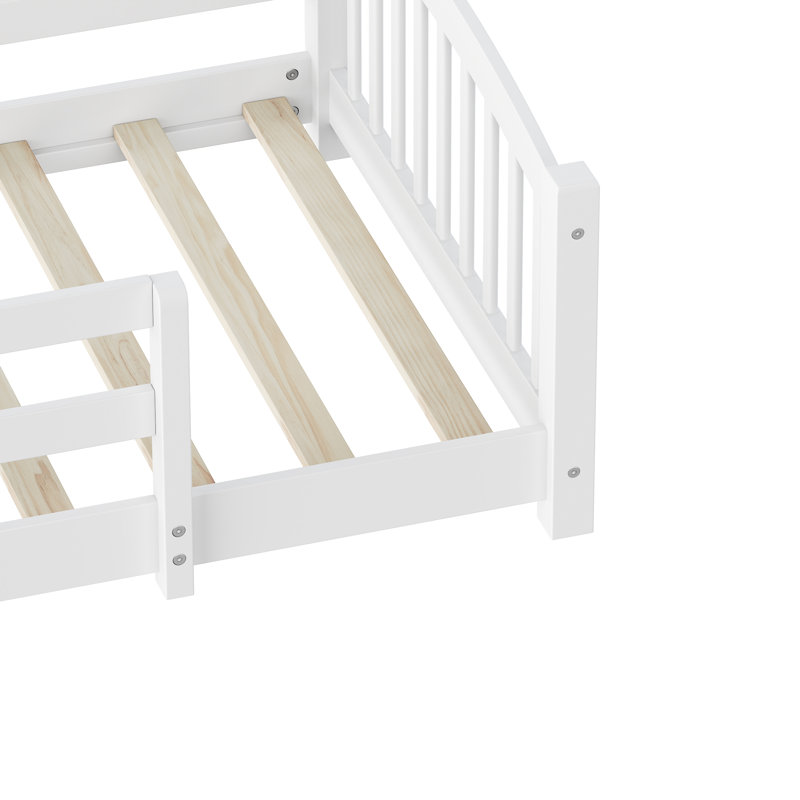 Montessori Low Profile Bed With Safety Rails And Headboard, White, Twin