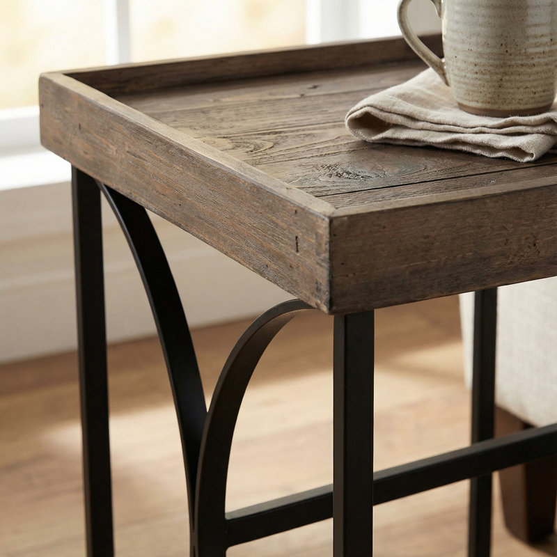 Luxe End Table in Reclaimed Wood and Black Steel, Distressed Brown
