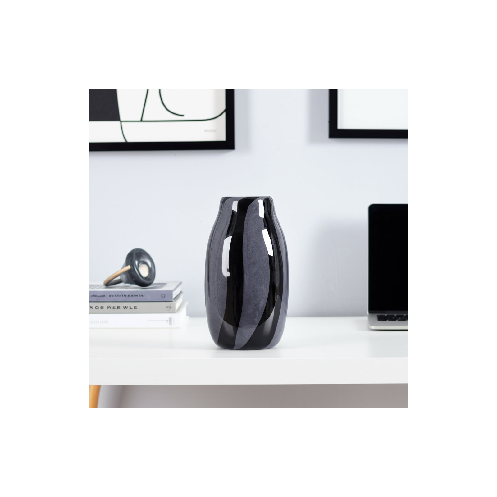 Mele Modern Striped Glass Vase, Black, 10" H x 6" W x 5" D