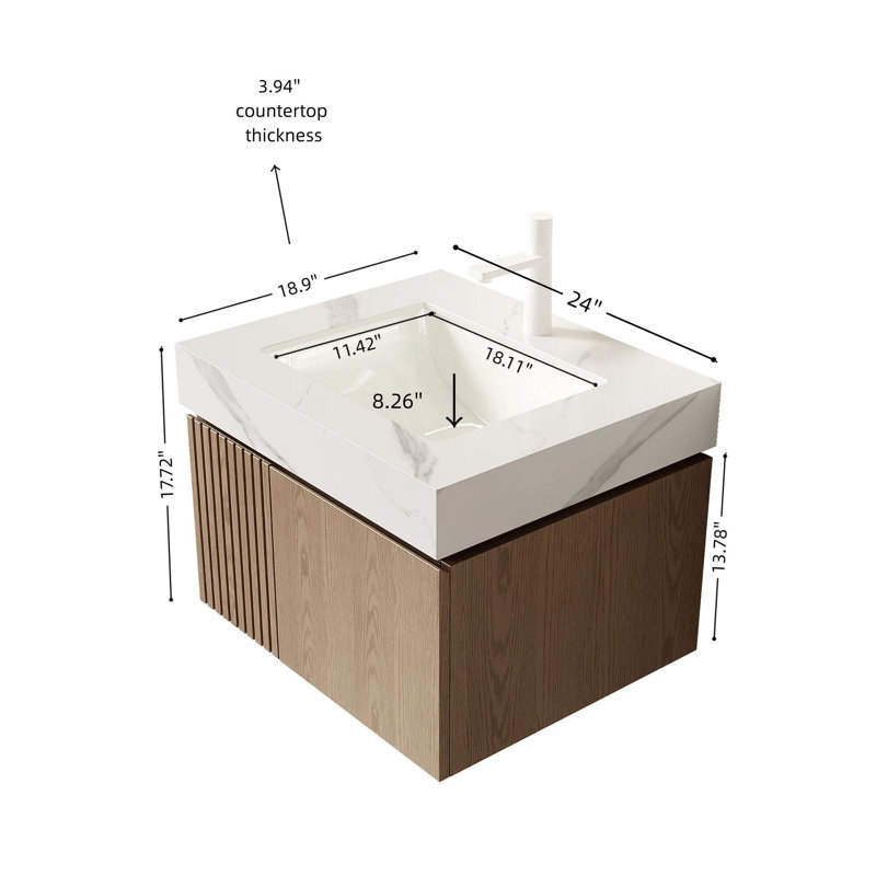 Meuble-lavabo 24 po avec plateau en pierre frittée, Marron clair, Blanc de Carrare, Monotrou