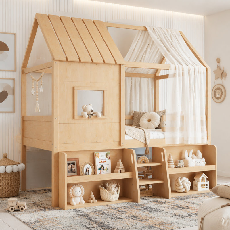 Lit mezzanine simple avec tablettes et escaliers de rangement, Lit simple, Naturel