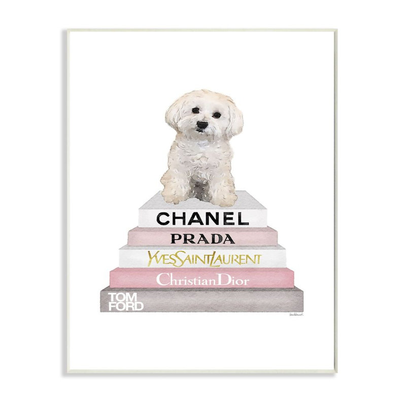 « mode designer pet dog bookstack blanc rose », impression, H 19 po x l 13 po x P 0,5 po, Plaque murale