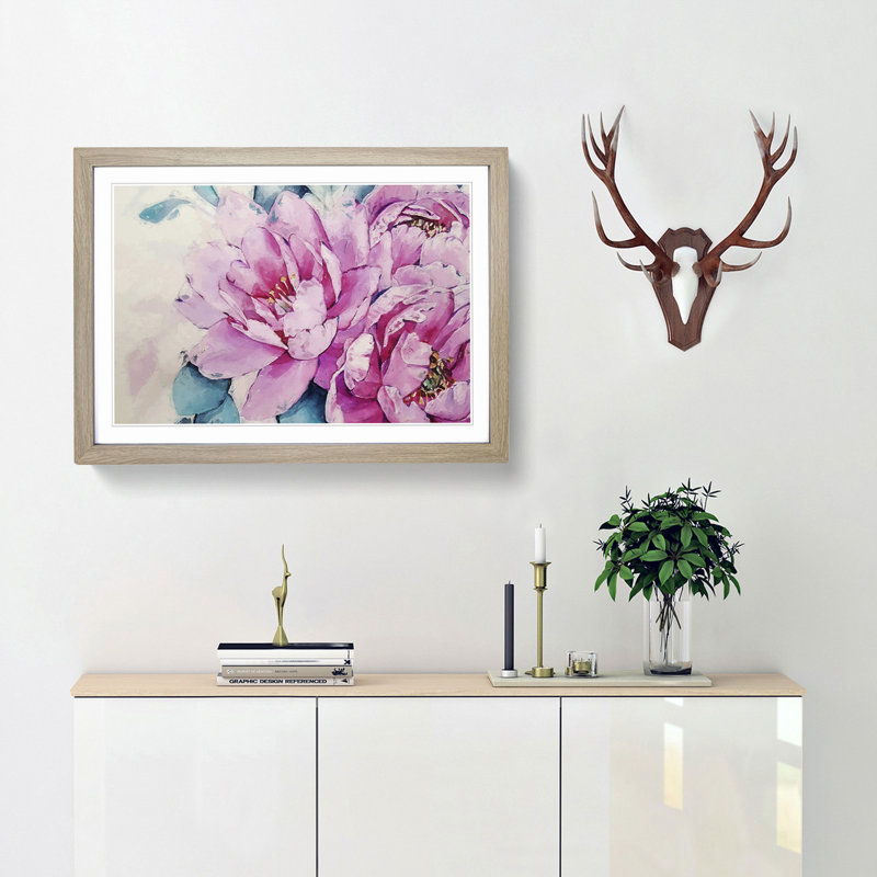 Watercolour Pink Peonies in Abstract - Picture Frame Painting Print, Oak, 40cm H x 60cm W x 2cm D