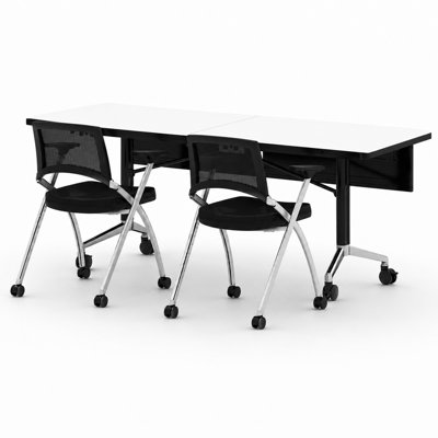Commercial Mobile Training Table with Integrated Power & Nesting Task Chairs | Set of 1 Table & 2 Chairs | 80" Fold-Up Nesting Training Table | Locking Casters | Conference Room & Classroom Furniture | White | Seats 2