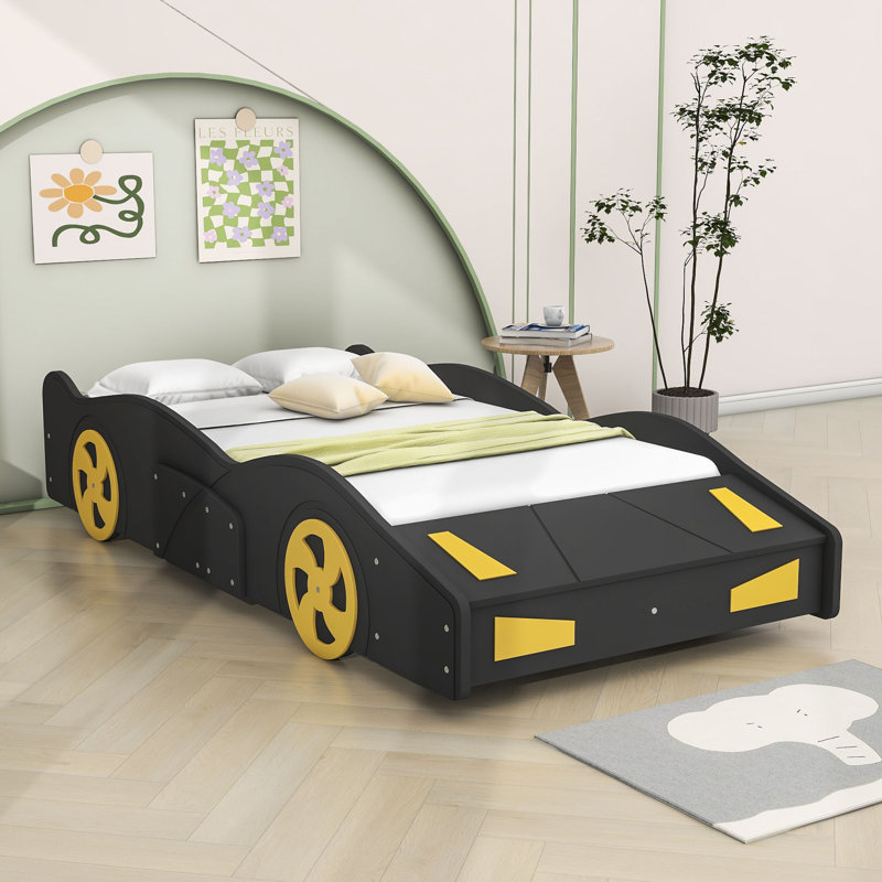 Lit plateforme en bois avec roulettes et espace de rangement Advaith, Noir / jaune