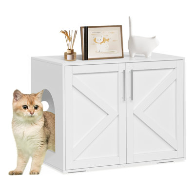 Enceinte cachée en bois pour litière pour chat - armoire de salle de bain pour chat avec porte de grange, table de bout et meuble télé, mobilier multifonctionnel pour maison de chat, blanc