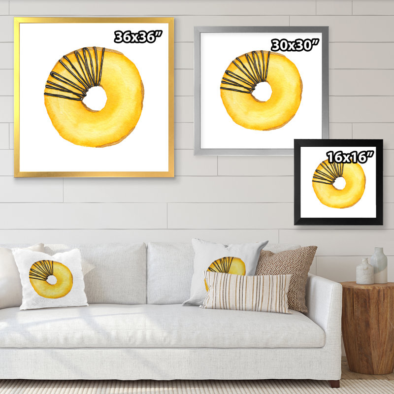 Donut jaune avec chocolat - peinture sur toile, H 37,5 po x l 37,5 po x P 1,5 po, Cadre doré