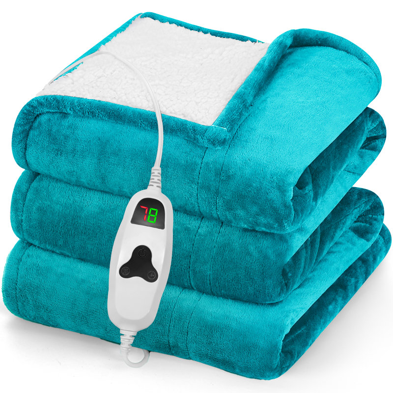 Couverture chauffante douce en sherpa avec contrôle, Lit double, Sarcelle