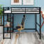 Structure de lit en métal avec garde-corps, bureau en L, tablettes de rangement et échelle