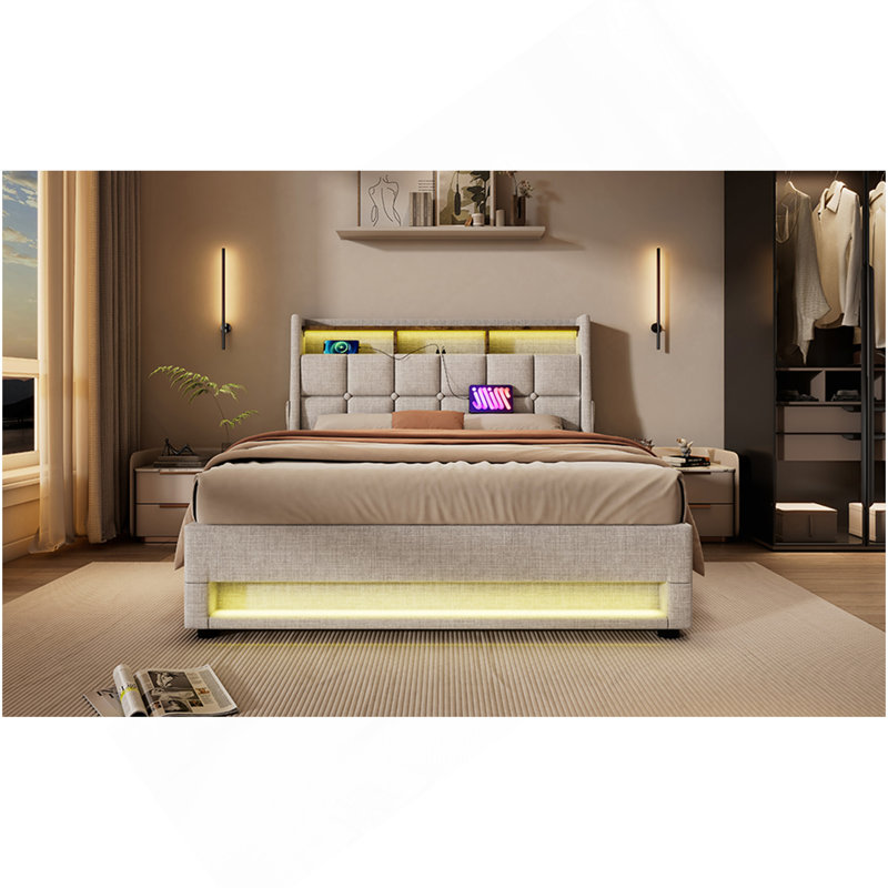 Grand lit plateforme tapissier avec système de rangement hydraulique, charge DEL et USB, naturel (sans matelas), Naturel
