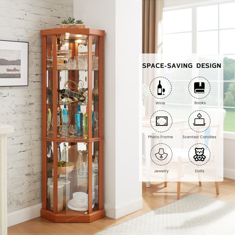 Corner Curio Cabinet, 70" H Lighted Glass Display Cage with Tempered Glass Doors & 3 Adjustable Shelves, Light Bulb Inclued, Wine Bar China Cabinet for Living Room, Kitchen