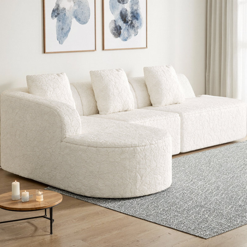 Canapé modulaire incurvé modulaire en L avec tissu en polyester à poils longs texturé litchi, canapé Cloud moderne avec dossier incurvé et 3 coussins inclus, aucun assemblage requis