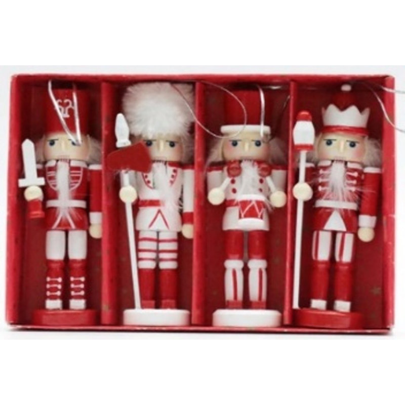 Nutcracker Soldiers Wooden Christmas Ornaments - 5" - Red And White - Set Of 4