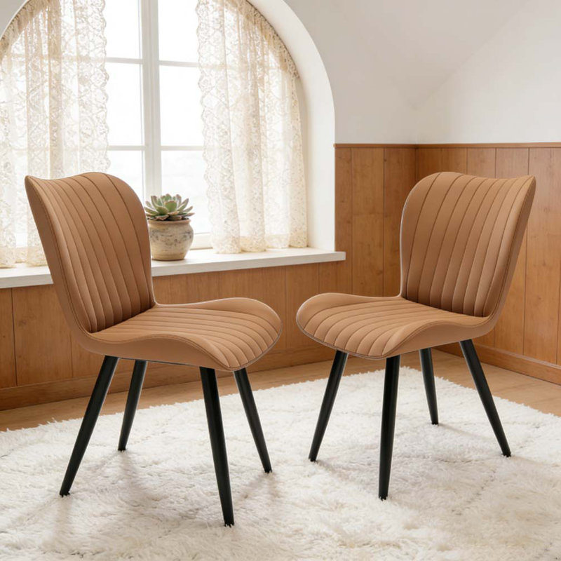 Chaises de salle à manger modernes en similicuir avec coussins épais, pieds en métal, 2, Brun