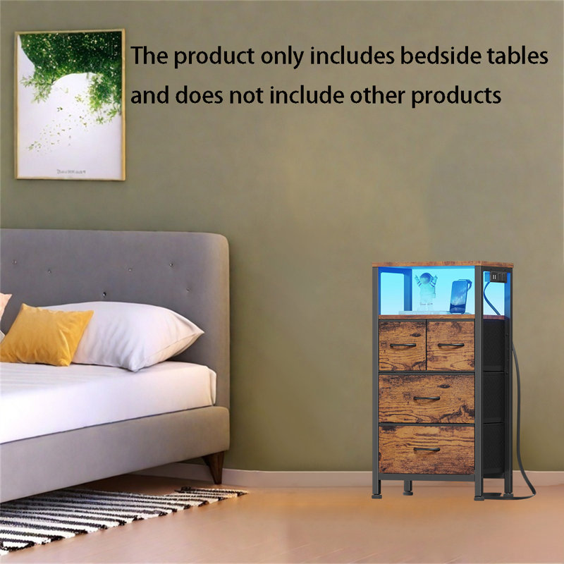Multifunctional Bedside Table With Charging Station, LED Lights & Storage, Brown