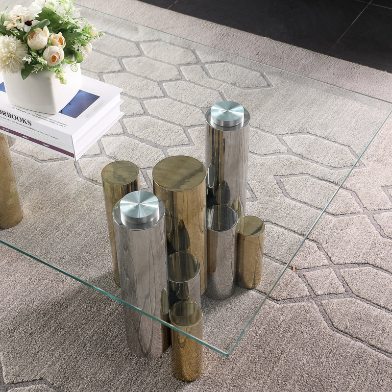 Table basse moderne 48 po en acier inoxydable avec verre transparent rectangulaire pour couloir, aspect doré poli