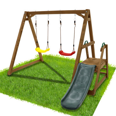 Portique de balançoire en métal robuste avec glissière, 2 sièges de balançoire, 1 filet d'escalade et échelle, 1 anneau de gymnastique, 1 panier de 500 lb 7 en 1 pour enfants