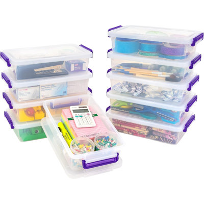 2,7 pte Petits bacs de rangement en plastique avec couvercles, paquet de 10, organisateurs de rangement pour fournitures d'art et d'artisanat, contenant de rangement plat pour fournitures de bureau, boîte de rangement empilable transparente, loquet de s?