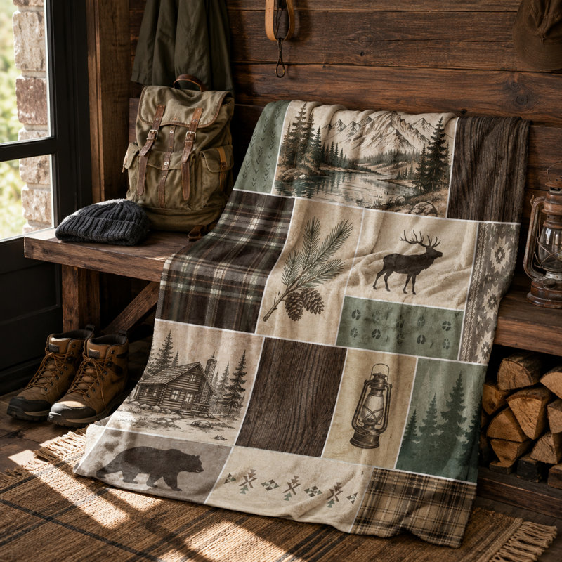 Plaid rustique en flanelle patchwork avec ours, orignal, lanterne et lac de montagne, motif écossais de forêt, idéal pour canapé, lit, chalet ou fauteuil de lecture, 101,6 x 127 cm