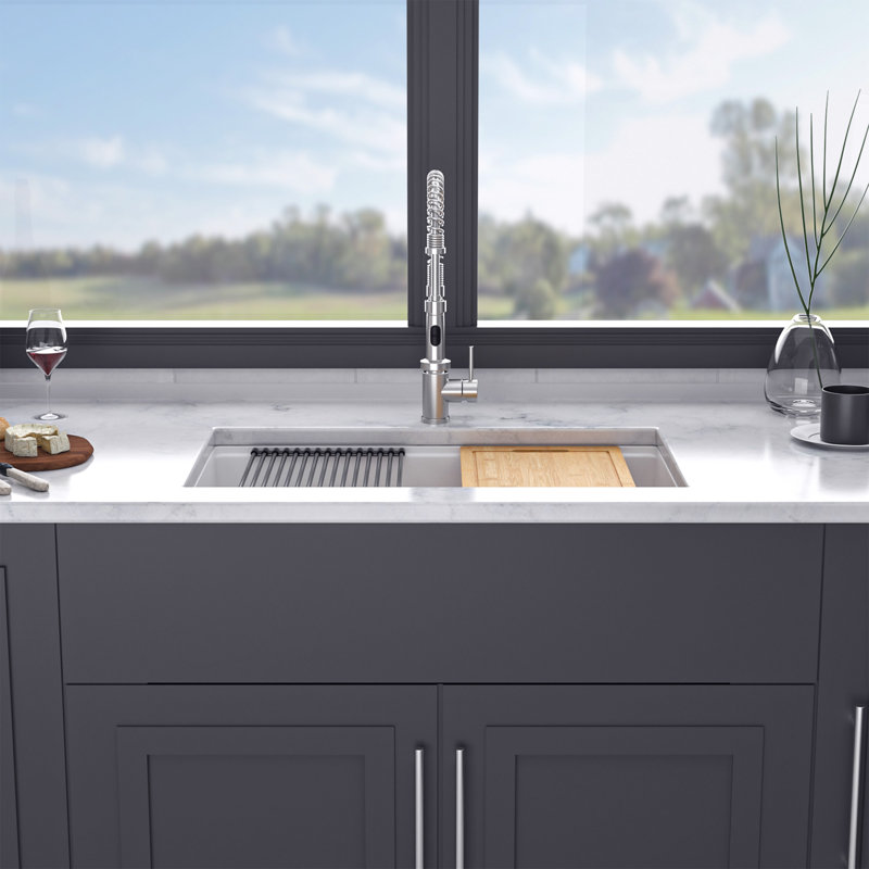 Évier de cuisine 32 po à cuve simple en quartzite encastrable, Blanc