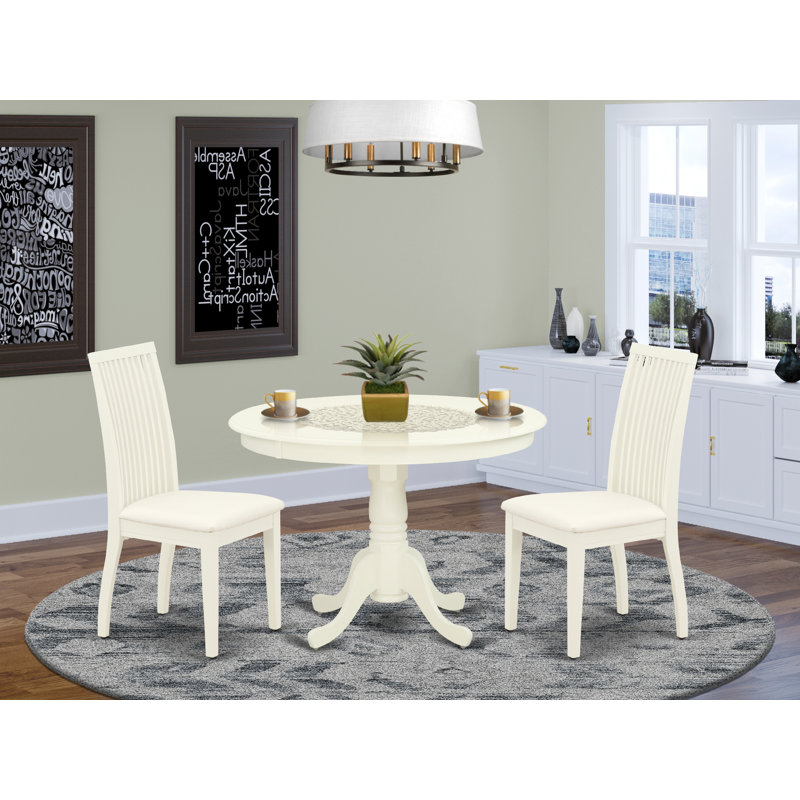 3 Piece Modern Dining Table Set Contains a Round Wooden Table with Pedestal and 2 Linen Fabric Upholstered Dining Chairs, Linen White